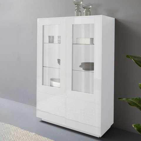 High sideboard with display case 100cm living room modern design white Syfe Promotion
