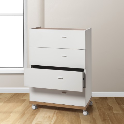White and Oak 4 Drawer Dresser With Wheels Modern Design Ludo