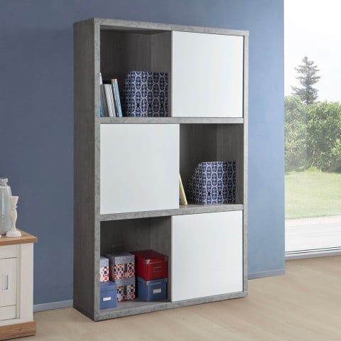 Glossy White with cement effect Wooden Bookcase Bookshelf 12 Compartments Equipped With Sliding Door Pratico Promotion