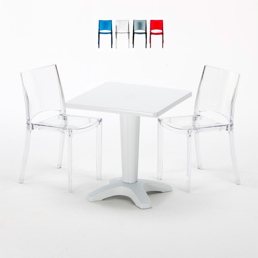 Caffè Set Made of a 70x70cm Square Table and 2 Colourful Transparent Chairs Characteristics