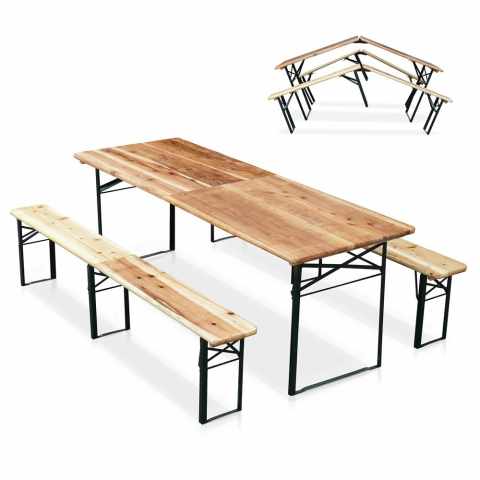 Set of Garden Folding Wooden Benches and Table for Outdoors