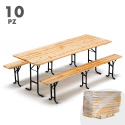 Set Of 10 Wooden Outdoor Table And 2 Three Legged Benches 220x80 On Sale