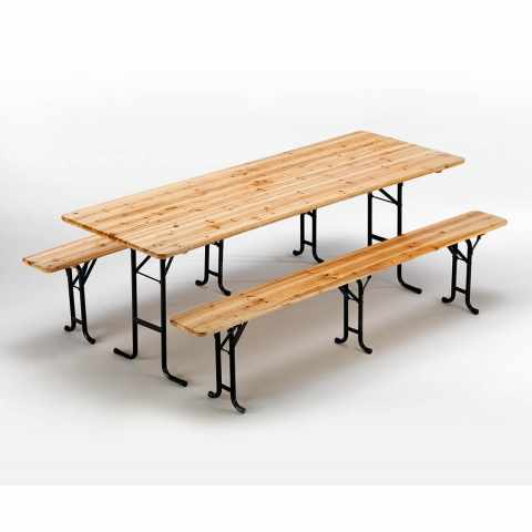 Set Of 10 Wooden Outdoor Table And 2 Three Legged Benches 220x80