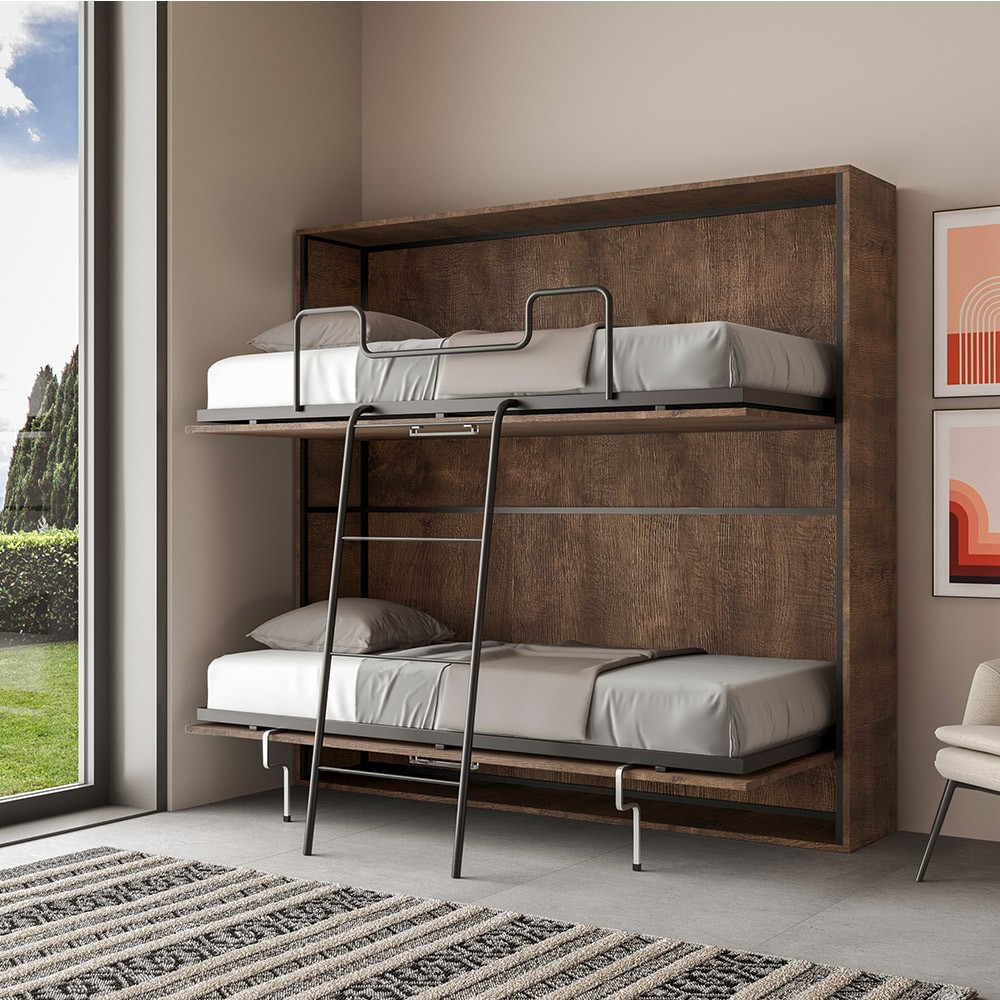 Foldaway bunk bed in walnut wood, mattress 85x185cm Kando 2MNC