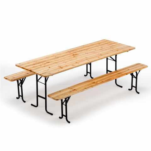 Set Of Dining Outdoors Wooden Two Legged Benches And Table 220x80