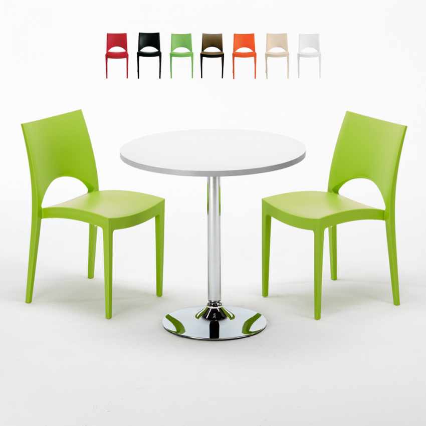 Long Island Set Made of a 70x70cm White Round Table with Steel Pedestal Base and 2 Colourful Paris Chairs Promotion