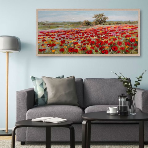 Hand-painted picture canvas field red poppies 65x150cm W634 Promotion