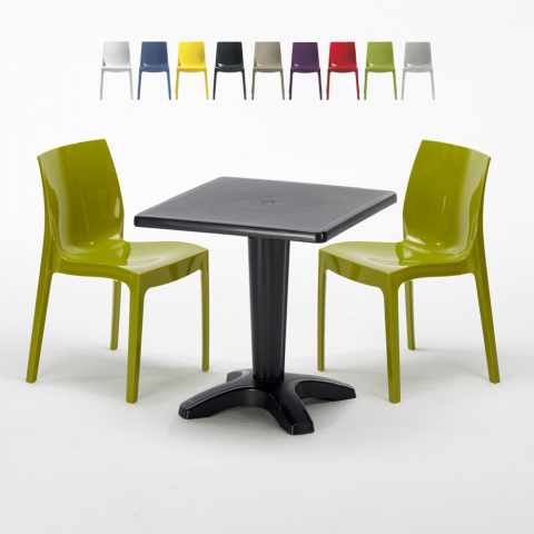 AIA Set Made of a 70x70cm Black Square Table and 2 Colourful Ice Chairs