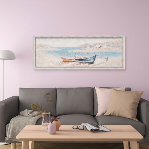 Hand-painted picture on canvas Boats on the waterfront 30x90cm with frame W800 Promotion