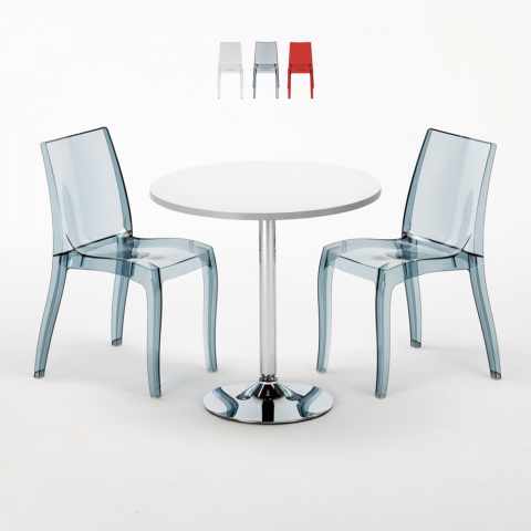 Silver Set Made of a 70x70cm White Round Table and 2 Colourful Transparent Cristal Light Chairs