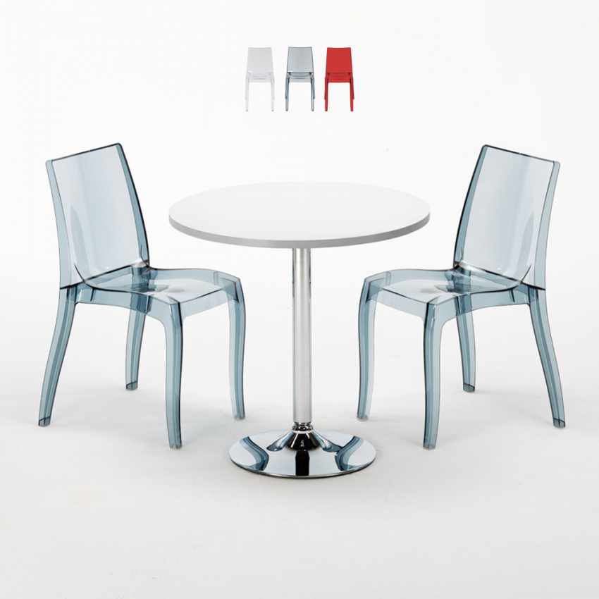 Silver Set Made of a 70x70cm White Round Table and 2 Colourful Transparent Cristal Light Chairs Promotion