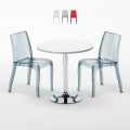 Silver Set Made of a 70x70cm White Round Table and 2 Colourful Transparent Cristal Light Chairs Promotion