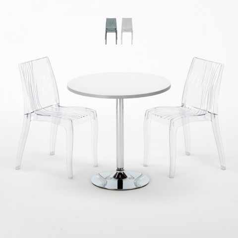 Silver Set Made of a 70x70cm White Round Table and 2 Colourful Transparent Dune Chairs