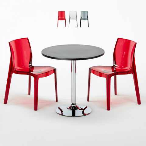 GHOST Set Made of a 70x70cm Black Round Table and 2 Colourful Transparent Femme Fatale Chairs