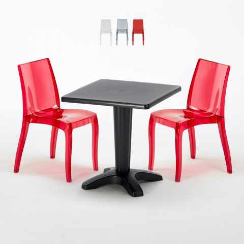 BALCONY Set Made of a 70x70cm Black Square Table and 2 Colourful Transparent Cristal Light Chairs