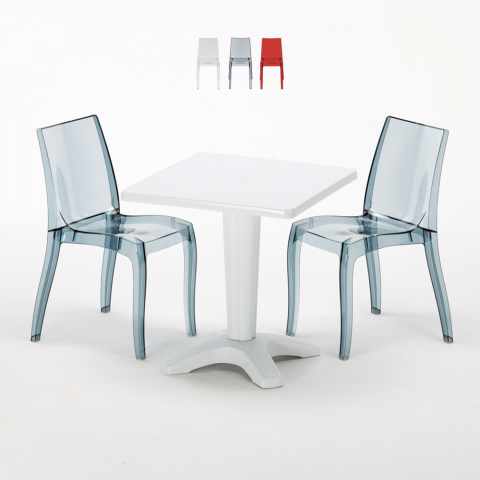 TERRace Set Made of a 70x70cm White Square Table and 2 Colourful Transparent Cristal Light Chairs Promotion