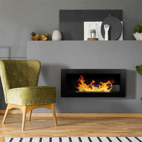 Wall-mounted ecological bioethanol fireplace with Livorno Black glass Promotion