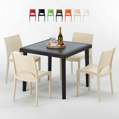 PASSION Set Made of a 90x90cm Black Square Table and 4 Colourful Paris Chairs