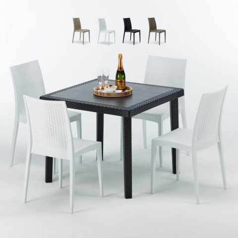 PASSION Set Made of a 90x90cm Black Square Table and 4 Colourful Bistrot Chairs