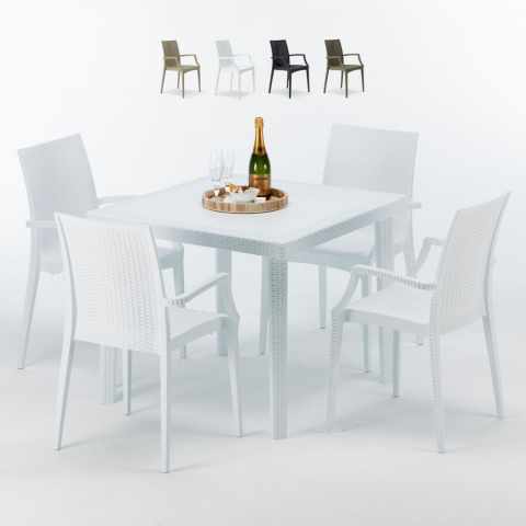 Love Set Made of a 90x90cm White Square Table and 4 Colourful Bistrot Arm Chairs