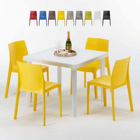 Love Set Made of a 90x90cm White Square Table and 4 Colourful Rome Chairs