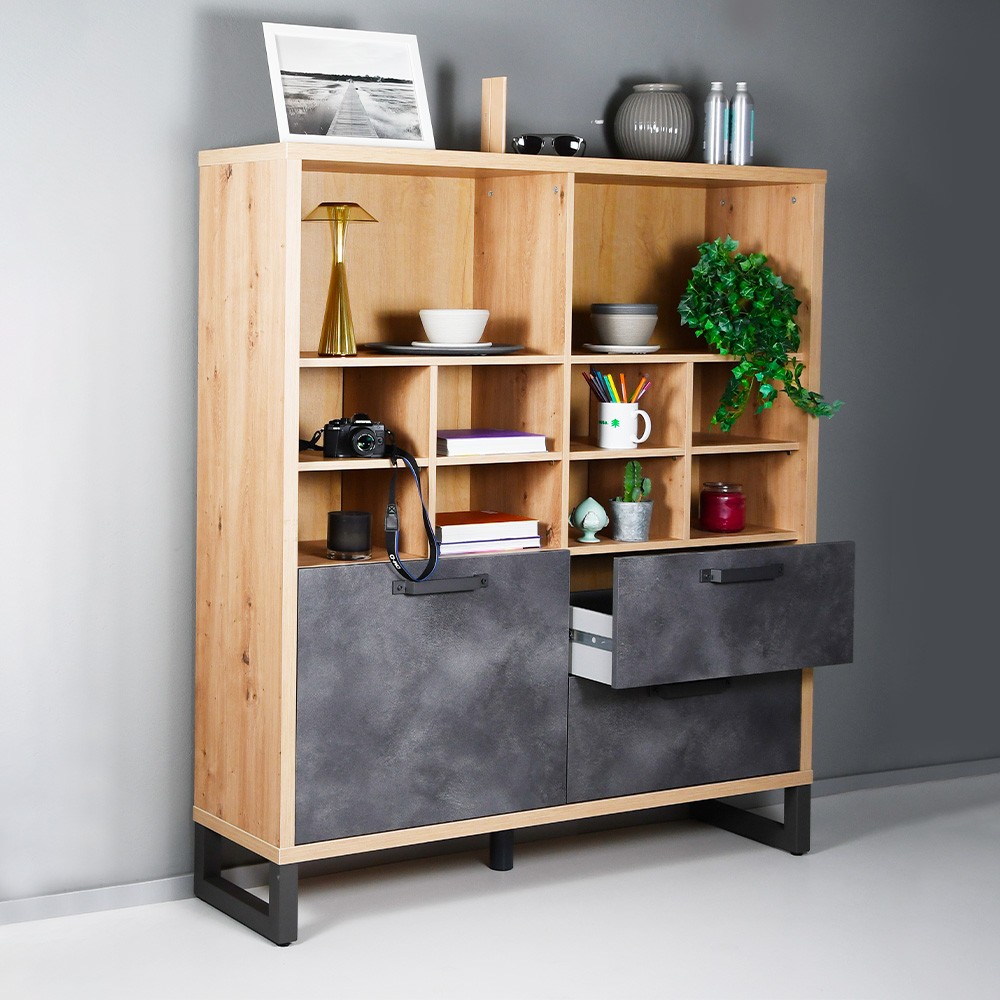 Industrial design bookcase 1 door 2 drawers living room office Cratfy