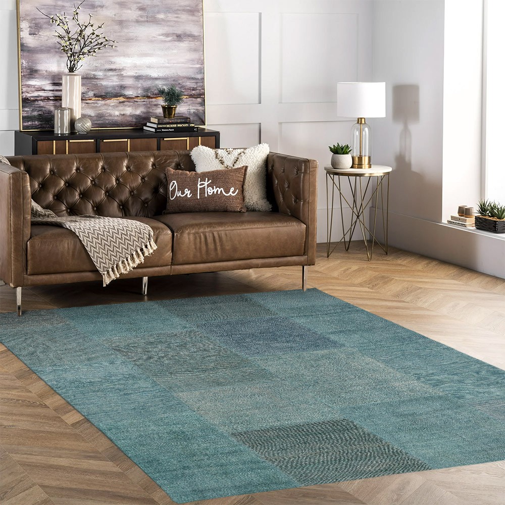 Modern Short-Pile Rectangular Rug for Living Room and Kitchen, Green TUME01