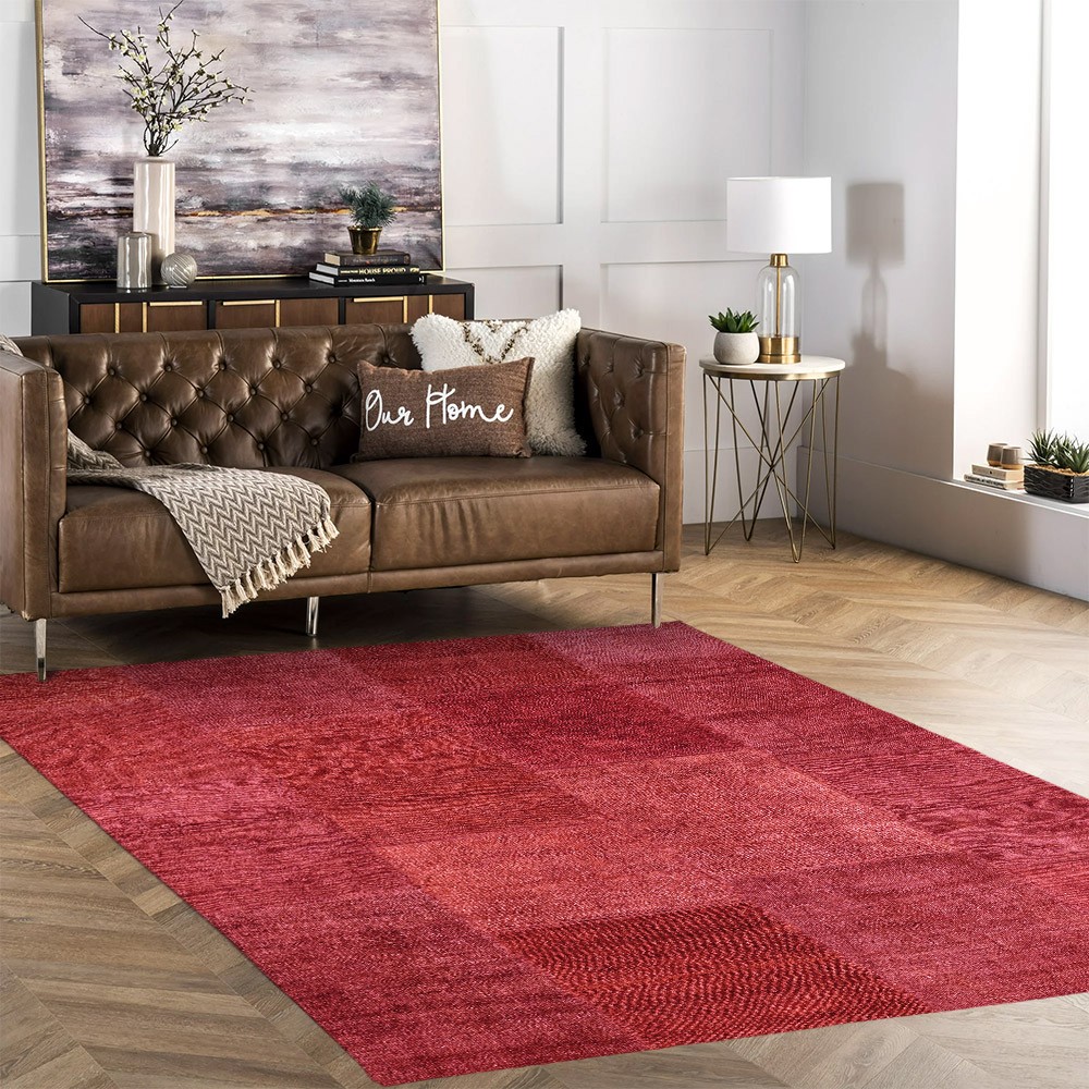 Red Non-Slip Rectangular Rug, Modern Living Room Design, TURO01