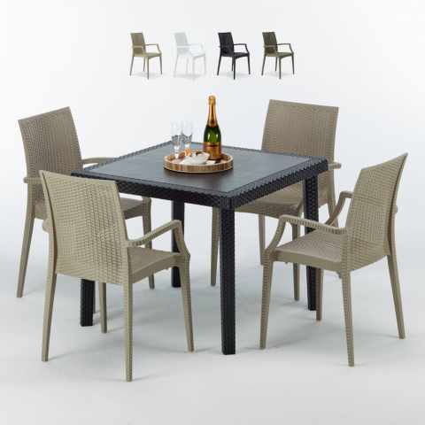 PASSION Set Made of a 90x90cm Black Square Table and 4 Colourful Bistrot Arm Chairs