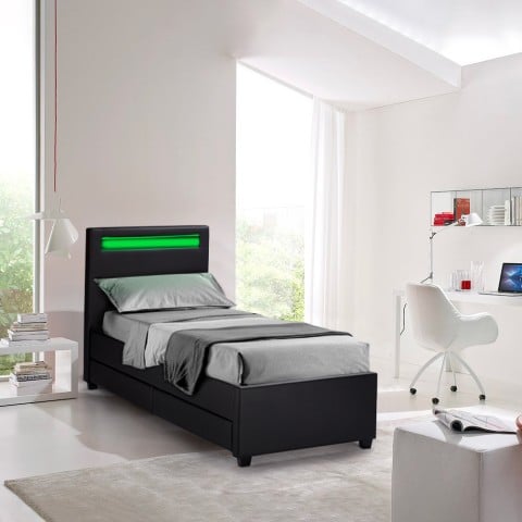 Geneva Twin Complete Single Bed with Mesh Led Headboard and Drawers 80x190 cm Promotion