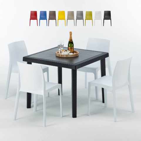 PASSION Set Made of a 90x90cm Black Square Table and 4 Colourful Rome Chairs