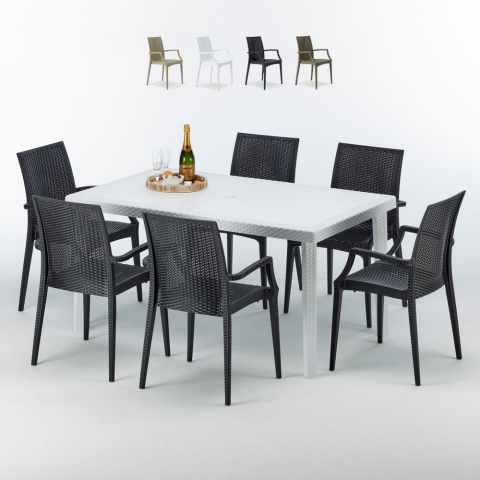 SummerLIFE Set Made of a 150x90cm White Rectangular Table and 6 Colourful Bistrot Arm Chairs