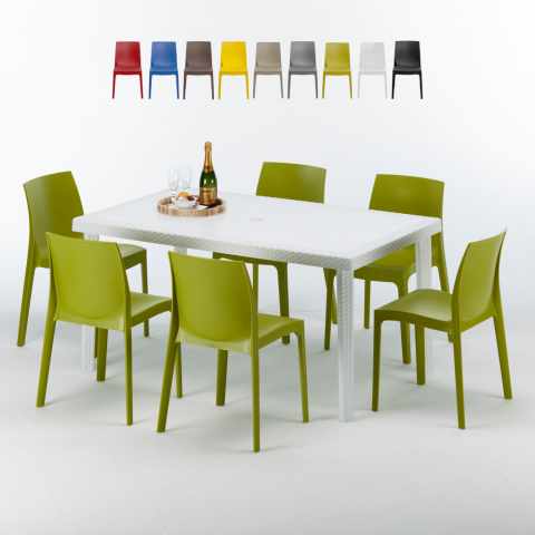 SummerLIFE Set Made of a 150x90cm White Rectangular Table and 6 Colourful Rome Chairs