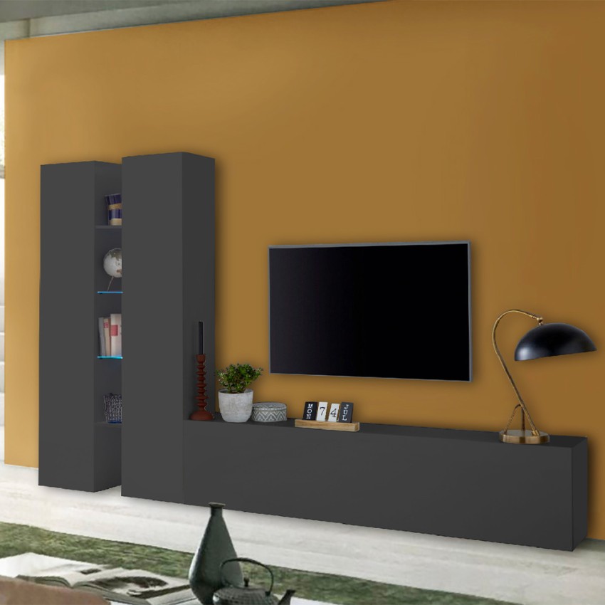 Modern living room TV wall system 2 cupboards 4 shelves grey Sage RT Promotion