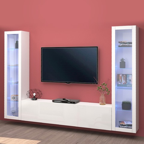 Suspended wall system white living room TV cabinet 2 display cabinets Liv WH Promotion