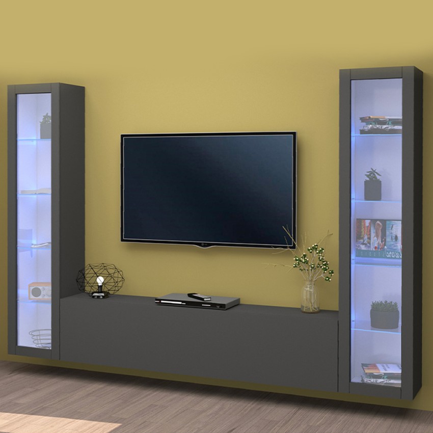 Suspended TV cabinet wall unit modern design black 2 display cabinets Liv RT Promotion