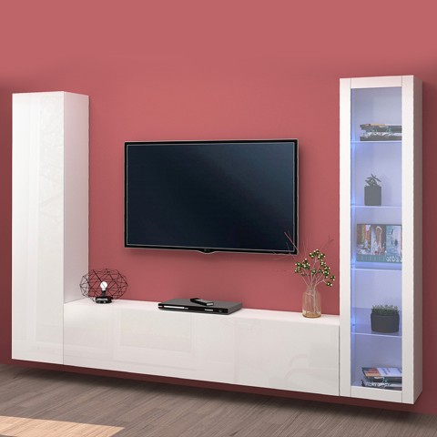 Suspended white TV cabinet wall unit showcase and cabinet Peris WH Promotion