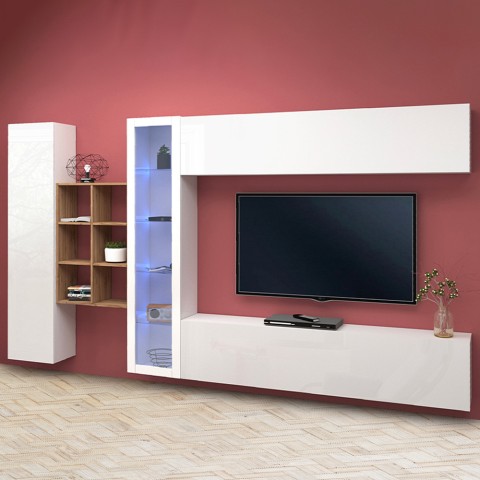 Suspended white TV cabinet bookcase wall unit Loane WH Promotion