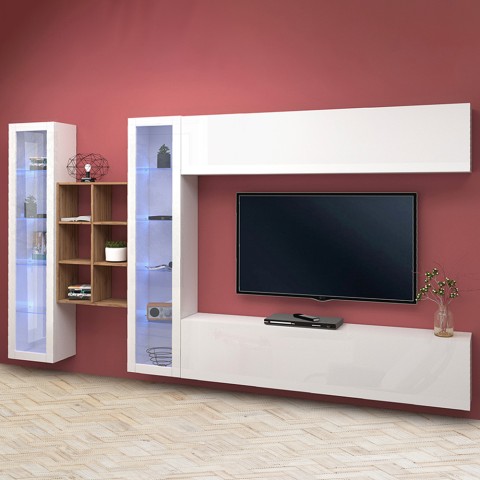 White wall unit hanging TV cabinet bookcase 2 display cabinets Kary WH Promotion