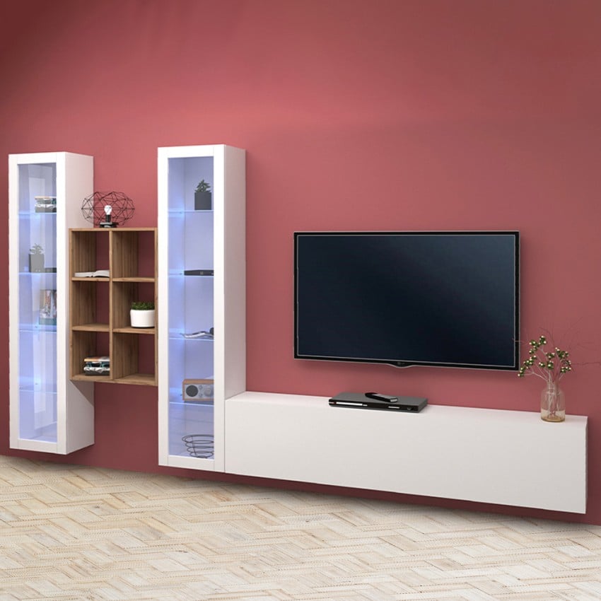 Wall-mounted white TV cabinet 2 display cabinets bookcase Yves WH Promotion