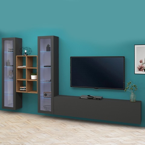 Modern wall-mounted TV cabinet wood bookcase 2 display cabinets Yves RT Promotion
