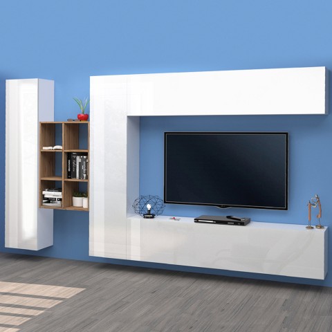 White wall-mounted TV cabinet hanging 2 cupboards bookcase Sid WH Promotion