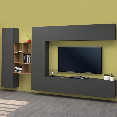 Grey suspended wall unit with TV cabinet bookcase 2 cabinets Sid RT Promotion
