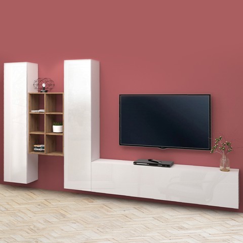 Suspended TV wall white wooden bookcase 2 wardrobes Manny WH Promotion