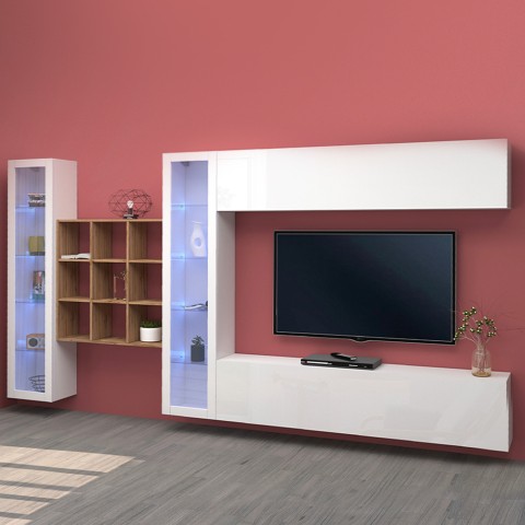 TV wall unit white 2 display cabinets 9 shelves Eron WH Promotion