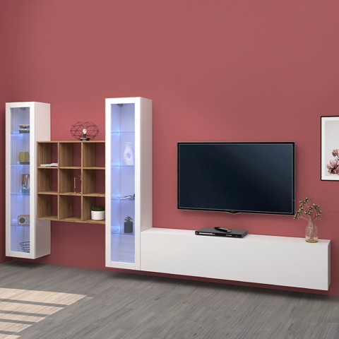 White TV cabinet wooden bookcase 2 display cabinets Onir WH Promotion