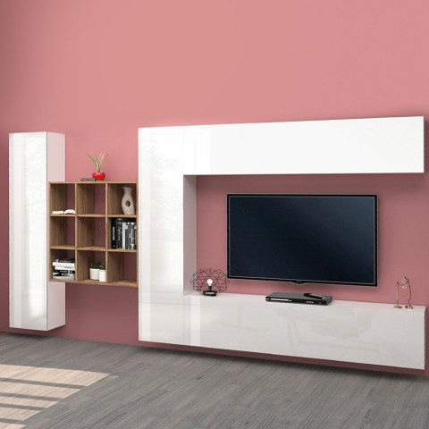 Suspended TV wall unit white bookcase 2 wardrobes Ferd WH Promotion