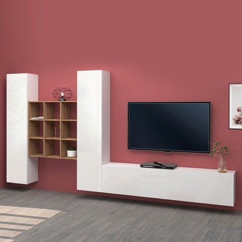 White wall-mounted TV cabinet 2 cabinets bookcase Talka WH Promotion