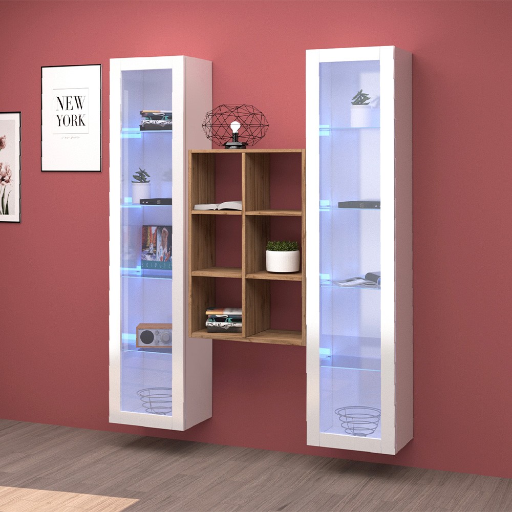 Kesia WH White Wood Living Room Wall Unit with 2 Display Cabinets and Bookshelf
