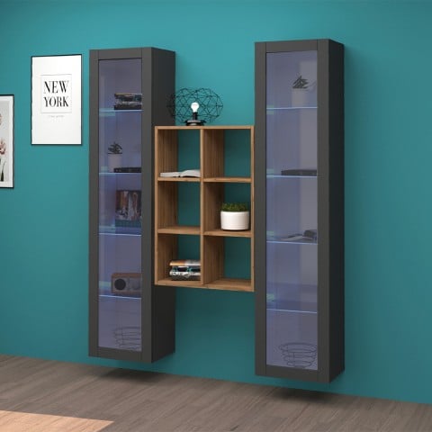 Kesia RT hanging wall system grey wooden bookcase 2 display cabinets Promotion